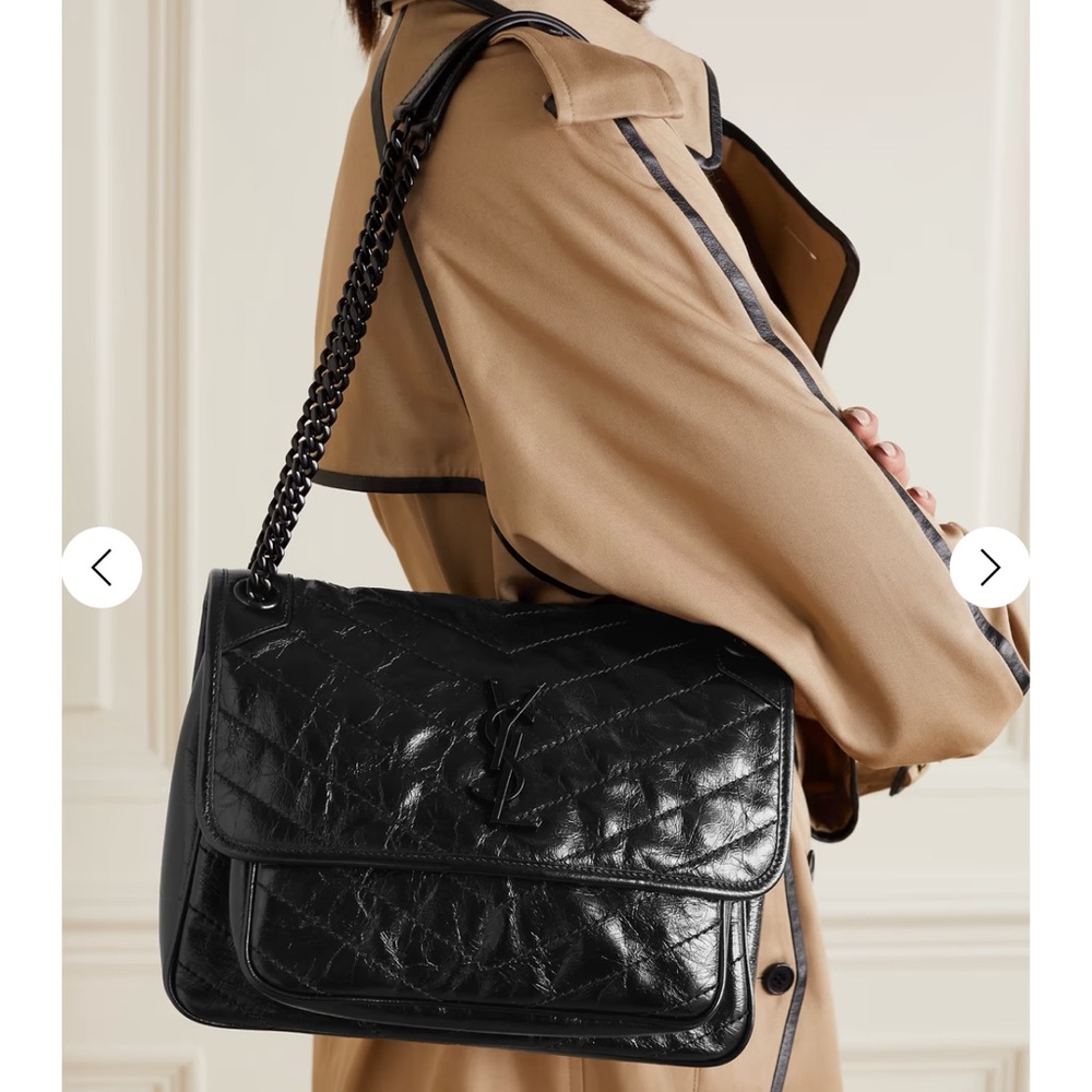 Saint Laurent Niki Medium Crinkled Calfskin Leather Bag with Blackened Hardware